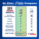 A comparison chart highlights the benefits of Dipeptide Power liquid protein supplement, showing its advantages over a powdered option, including ease of use and higher collagen content.