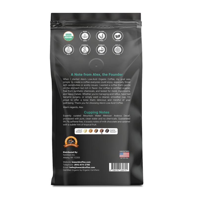 Alex's Low Acid Organic Coffee™ - Decaf Fresh Ground (12oz)
