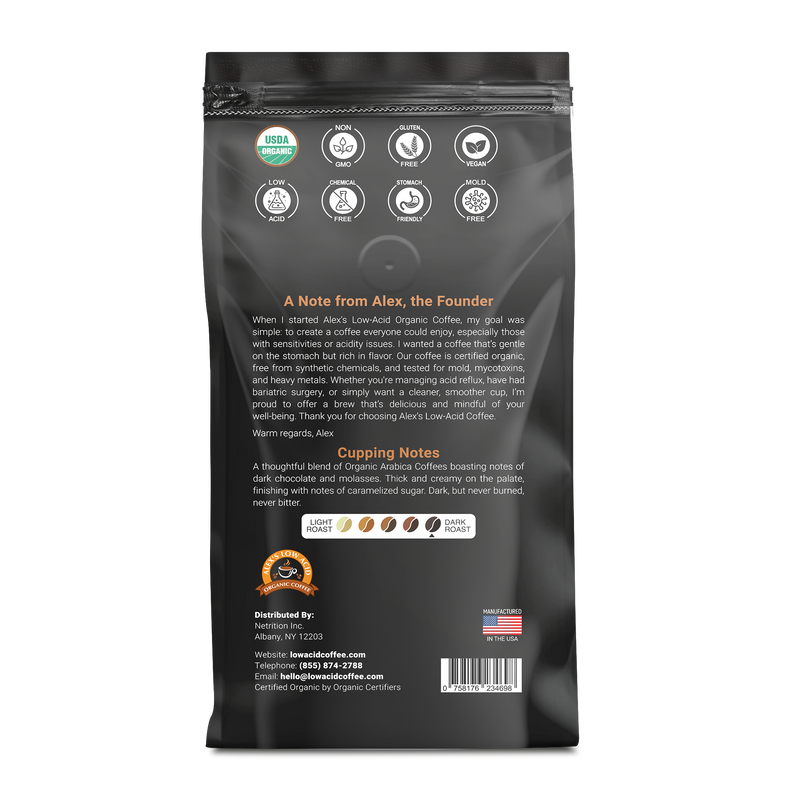 Alex's Low Acid Organic Coffee™ - French Roast Fresh Ground (12oz)
