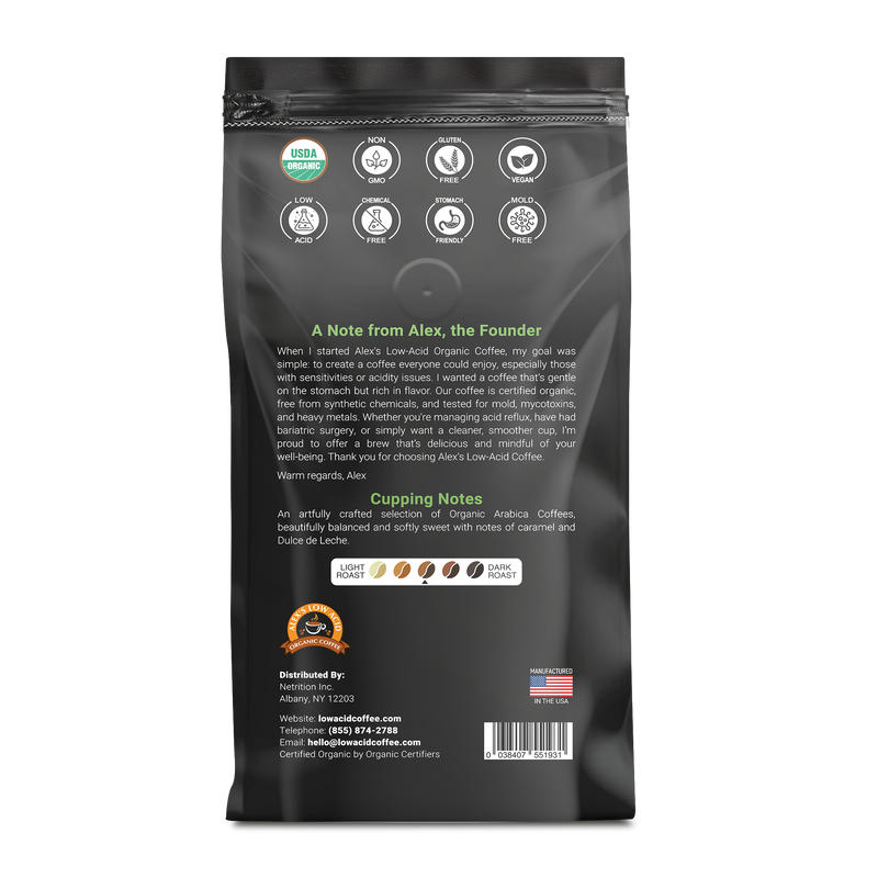 Alex's Low-Acid Organic Coffee™ - Rise and Shine Fresh Ground (12oz)