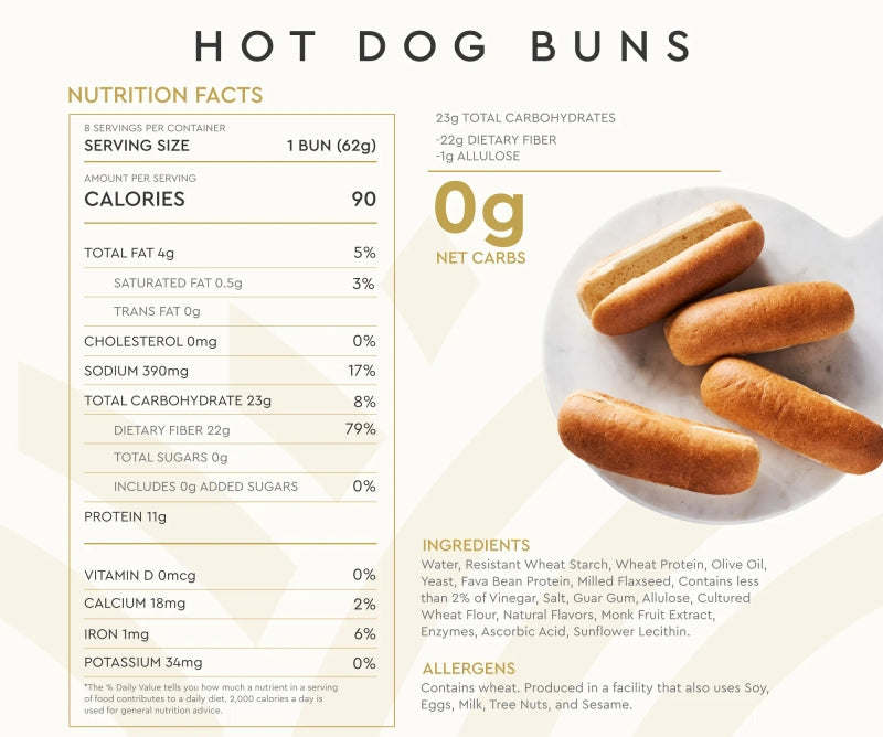 Hero Zero Net Carb Classic Hot Dog Buns, 8 buns