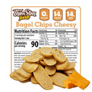 ThinSlim Foods Cheesy Bagel Chips label behind bagel chips and pieces of cheese.