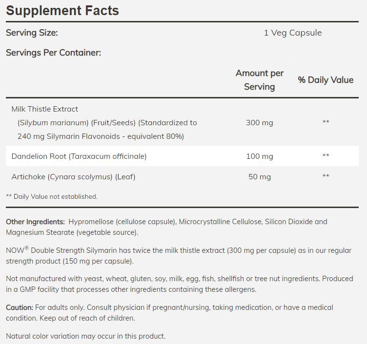 NOW Silymarin Milk Thistle Extract, Double Strength, 300 mg