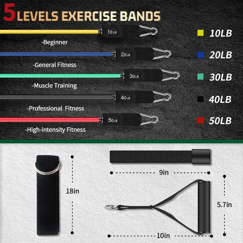 Netrition Resistance Band Set with Door Anchor, Ankle Strap, Exercise Chart, and Carrying Case