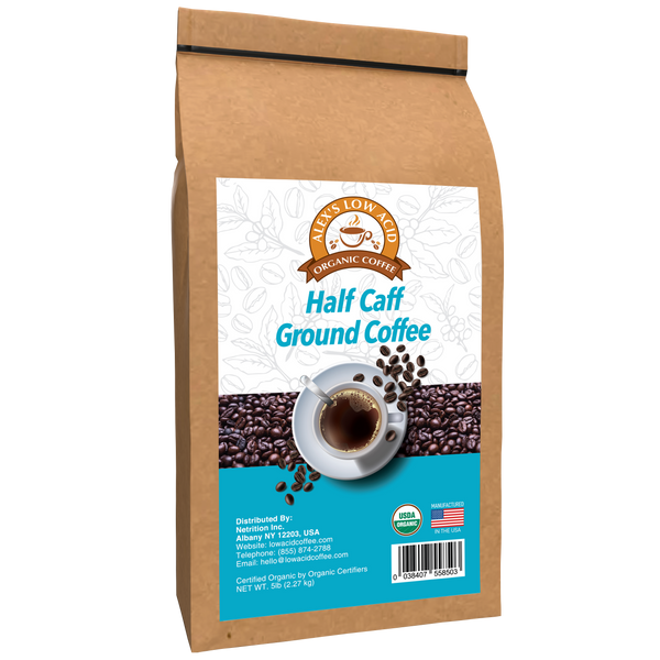 Alex's Low Acid Organic Coffee™ - Half Caff Fresh Ground (5lbs)