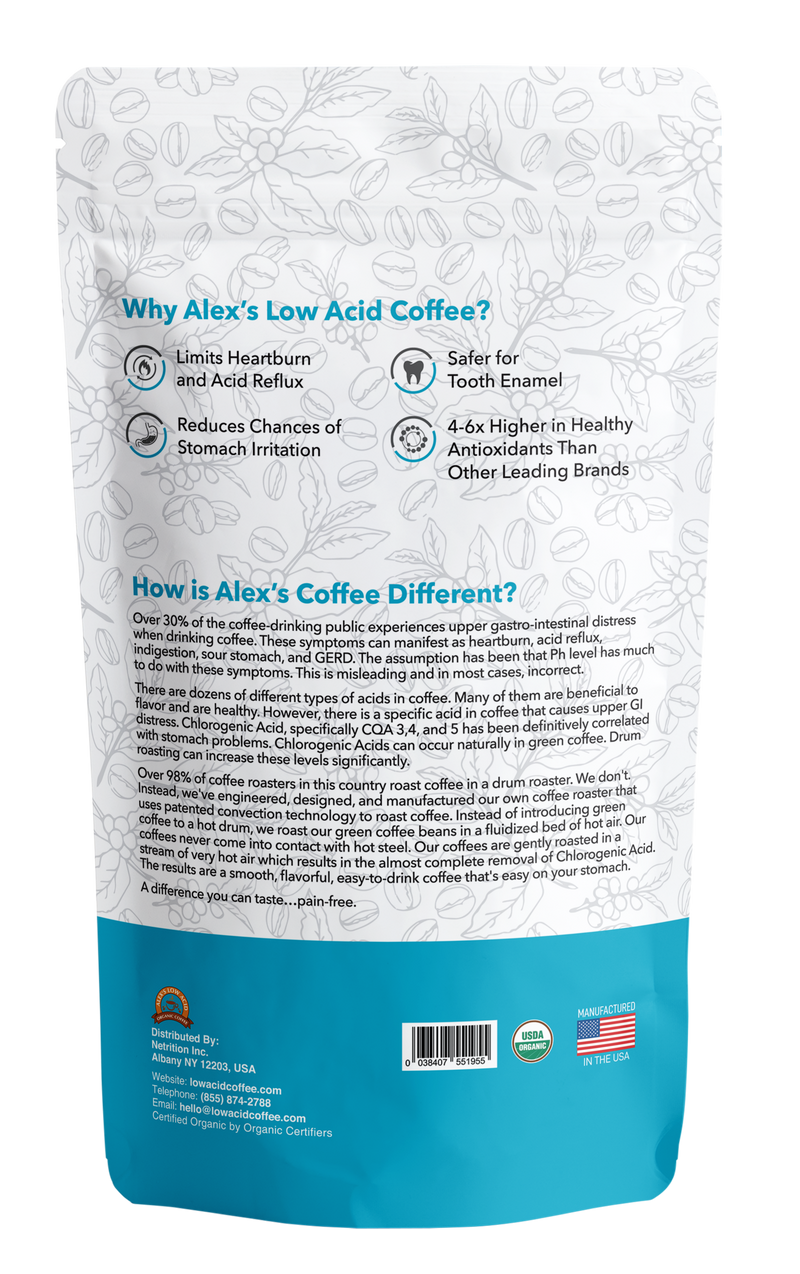 Alex's Low-Acid Organic Coffee™ - Half Caff Fresh Ground (12oz)