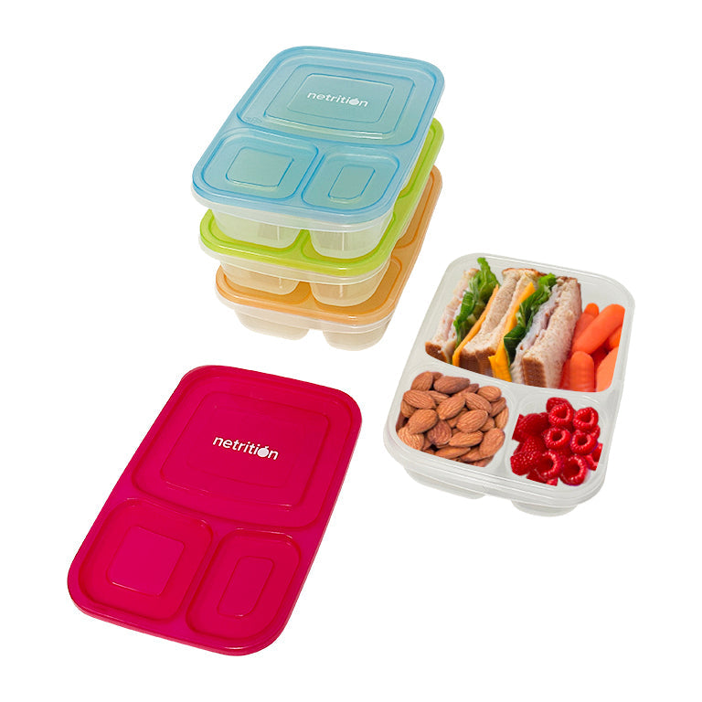 Reusable 3-Compartment Food Containers & Bento Lunch Boxes for School, Work, and Travel by Netrition (Set of 4)