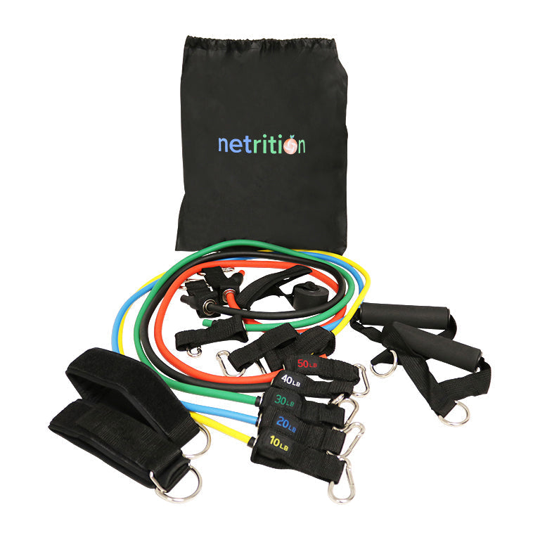 Netrition Resistance Band Set with Door Anchor, Ankle Strap, Exercise Chart, and Carrying Case